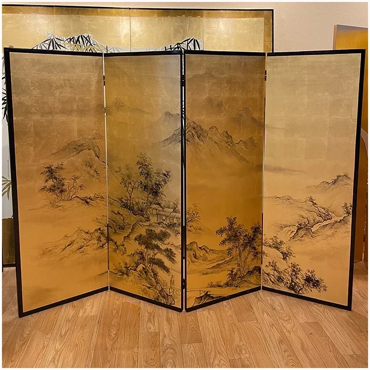 Custom hand-painted landscape paint screen living room office folding mobile porch gold foil partition background wall