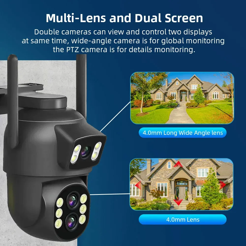 12MP Dual Lens WiFi Camera Outdoor 10x Zoom 4K Dual Screen PTZ Camera PIR Auto Tracking Security-protection Video Surveillance