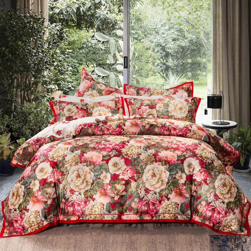 European and American style large flower all cotton ground satin jacquard pure cotton thick bed sheet duvet cover wedding annive