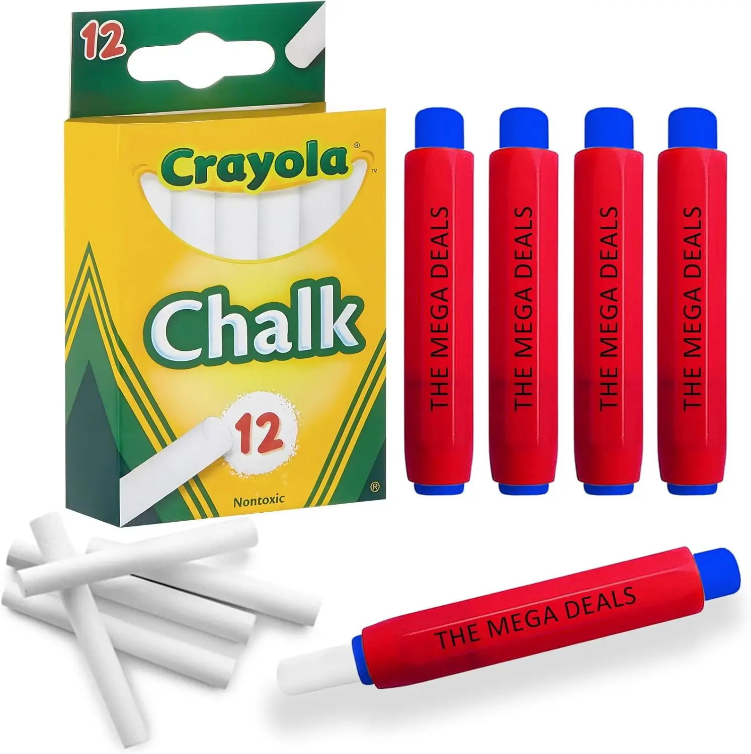 

White Chalk 12 Pack with 5 Chalk Holders, Thin Chalks for Chalkboard, School and Home Gifting Bundle