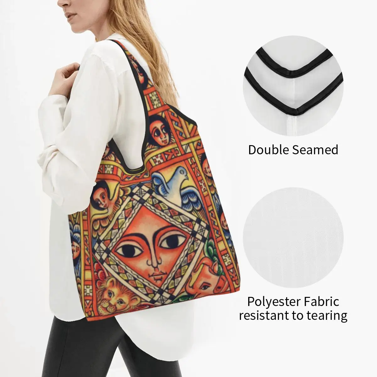 Custom Ethiopian Ancient Art Shopping Bags Women Portable Large Capacity Grocery Shopper Tote Bags