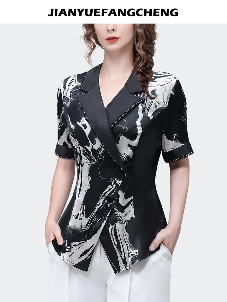 Fashion Women Summer Short Sleeve Printed Shirt Elegant Slim Suit Collar Beaded Satin Tops Female Casual Working Blouses