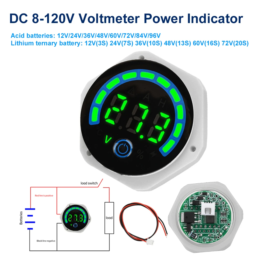 

DC 8-120V Digital Voltmeter Power Indicator for Ternary/Lithium iron/Nanocells/Acid Batteries Monitor Voltage Tester in Car Boat