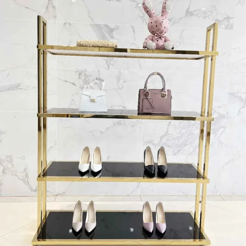 custom.High-quality shoe display rack, shiny gold retail shoe rack display stand