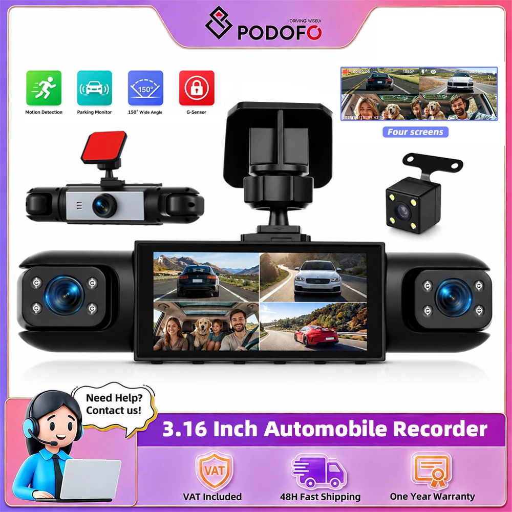 Podofo 3,16 Zoll Dashcam HD Auto-Blackbox 1080P Autokamera mit Touchscreen DVR Quad-Linse mit 480P Links-, Rechts- und Rückfahrkamera mit Bewegungserkennung
