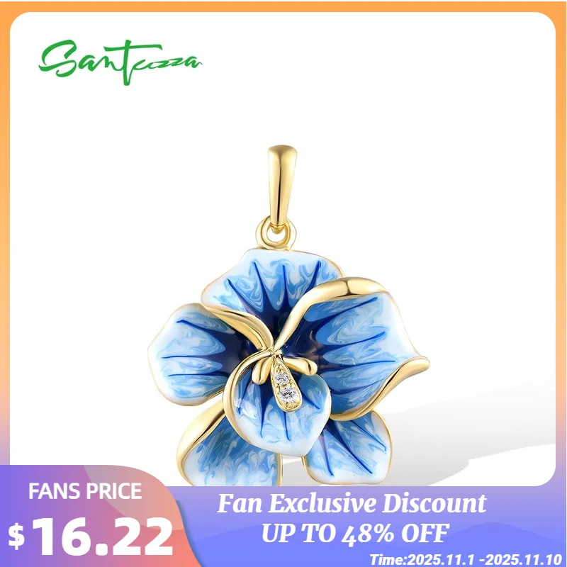 

SANTUZZA Real 925 Sterling Silver Pendant for Women White CZ Blue Enamel Flower Chic Party Wedding Anniversary Fine Jewelry