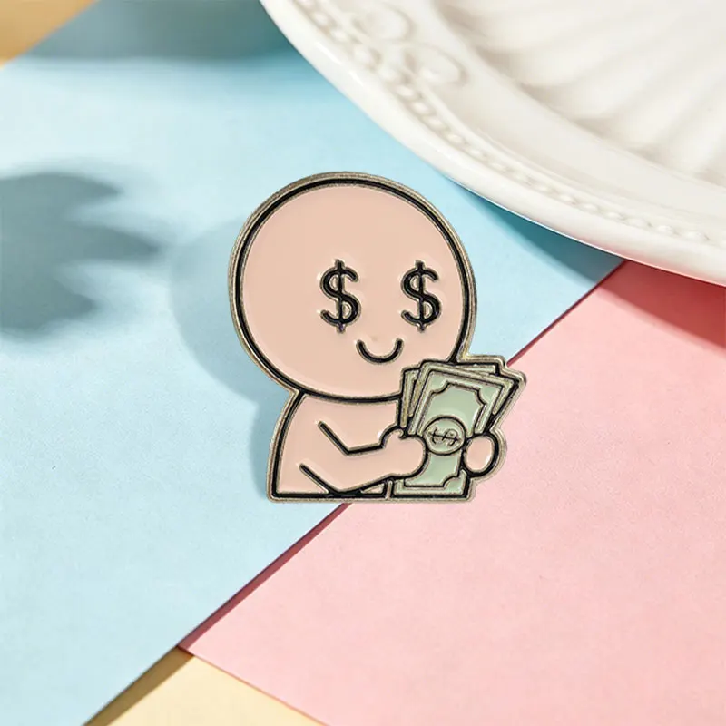 Boy Dollar Money Crazy Enamel Pin Funny Boy Dollar Sign Eyes & Hands Holding Cash Brooch Clothes Bag Badge Fashion Jewelry Gifts