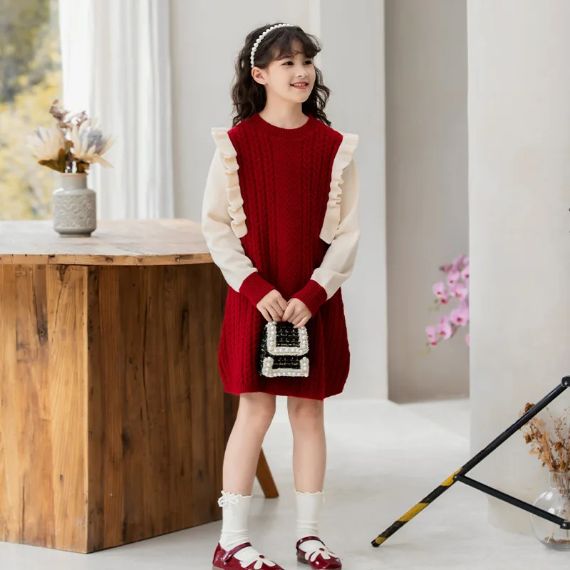 2026 spring winter Teenagers Girls Kids Knit Sweater Dresses Princess clothes new year Christmas Flying sleeve 4 9 10 11 12 year