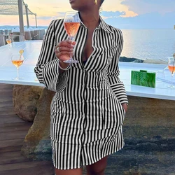 Women Full Button Striped Mini Shirt Dress 2024 Spring Turn Down Collar Short Dresses Long Sleeve Single Breasted Office Dress