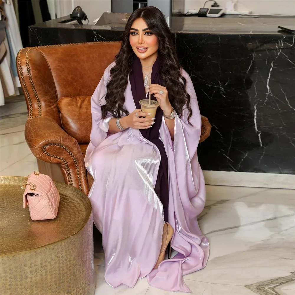 

Muslim Women Loose Open Abaya Satin Shiny Kimono Islam Clothing 2025 Ramadan Eid Kaftan Batwing Sleeve Evening Gown Robe Caftan