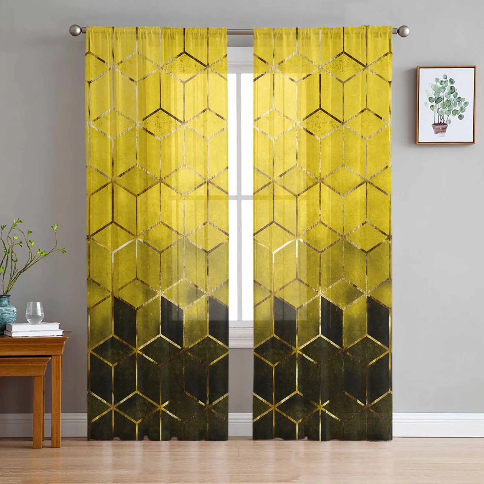 Three Dimensional Geometric Abstract Art Yellow Sheer Curtains for Living Room Bedroom Window Treatment Kitchen Chiffon Curtain