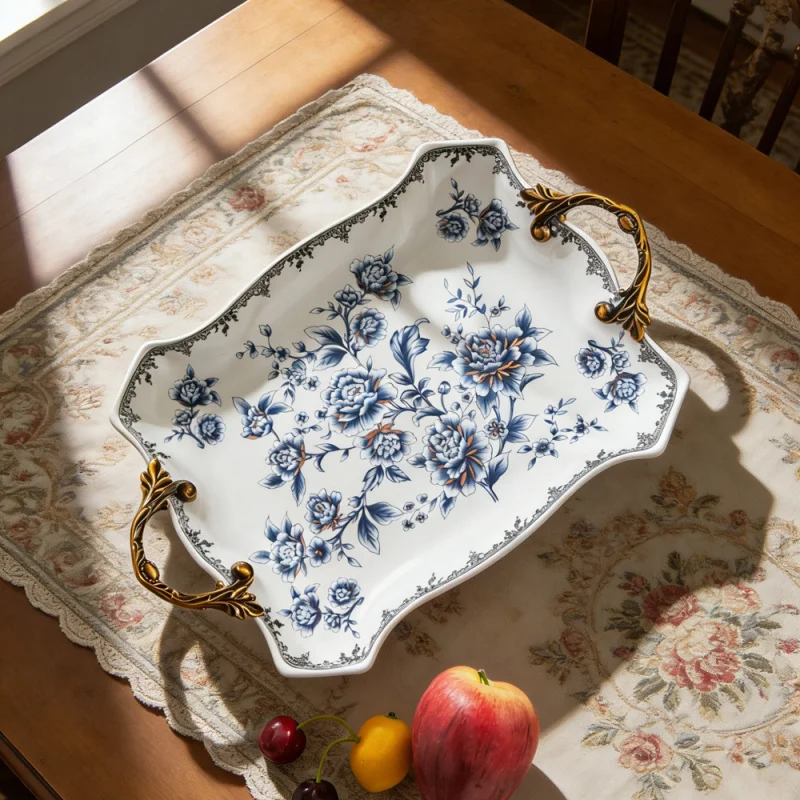 Villa and Clubhouse Light Luxury Vintage Ceramic Tray European and American Style Double-Handled Fruit Plate Living Room Decorat view 3