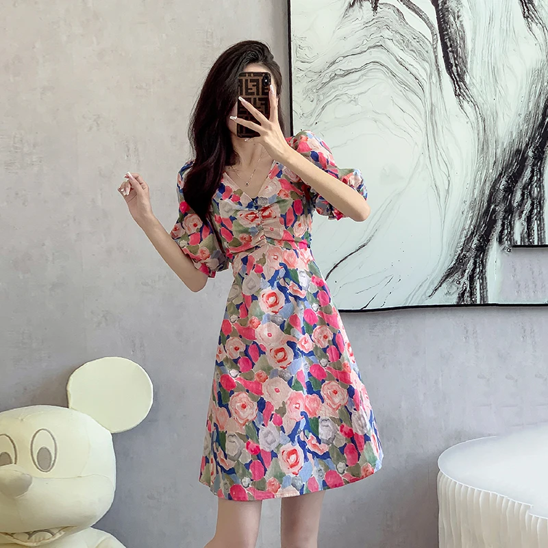 

2024 New Floral V-neck Dress for Women's Summer High Waist Slim Short Sleeves Korean Fashion A-line Dresses Female Clothing