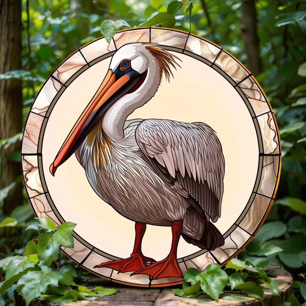 

Round Metal Pelican Beach Wall Art Decor Sign, Art Deco Style Aluminum Sign, Waterproof & Weather Resistant for Home, Office
