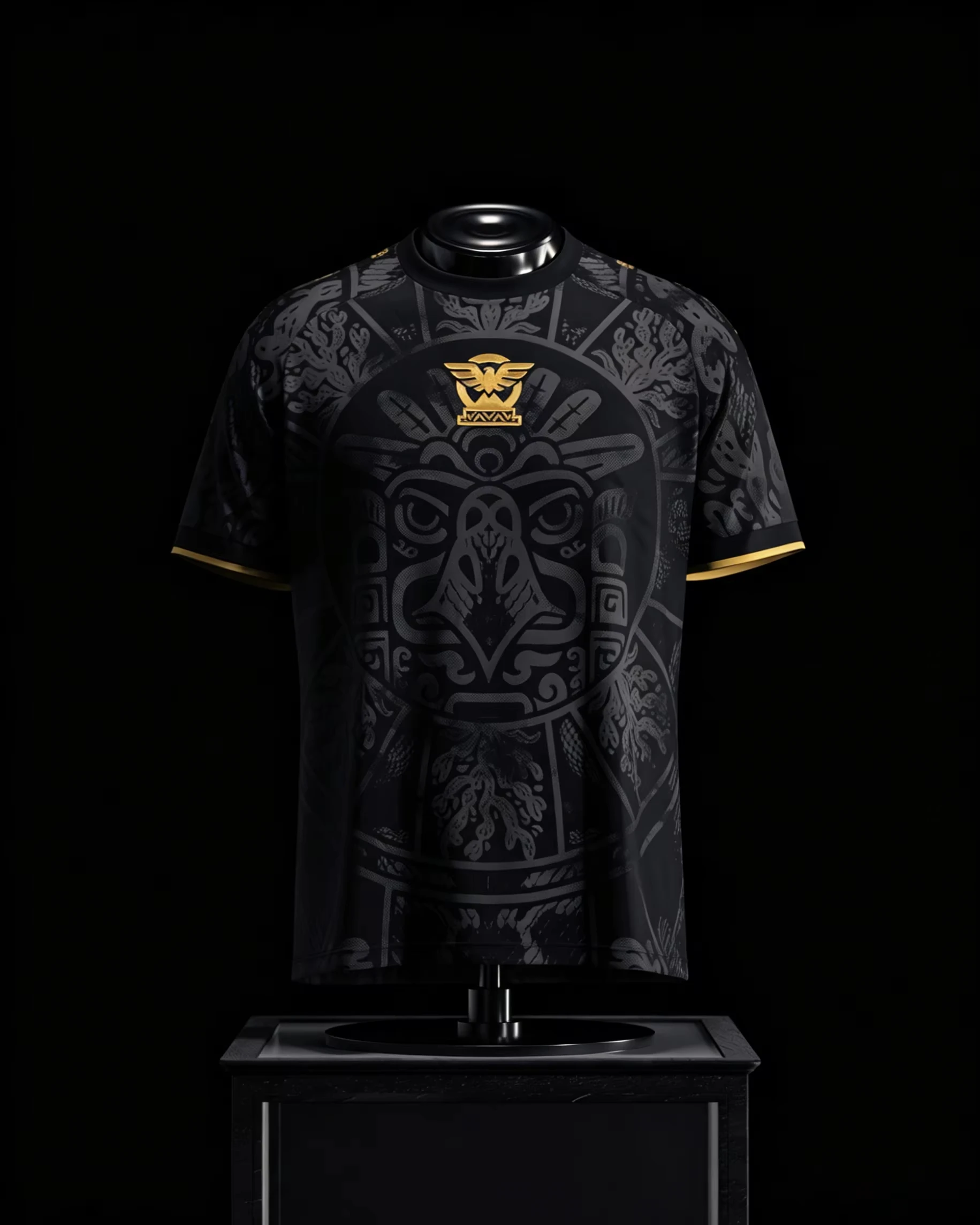 Mexico Aztec Calendar Soccer Jersey, Black Gold Eagle Print, 2026 Summer Casual Sports Short Sleeve Football Shirt for Fans