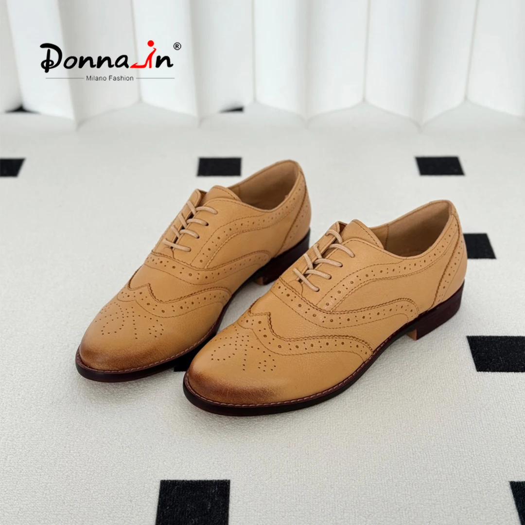 Donna-in Classic Women Brogue Shoes Carved Genuine Luxury Leather Lace-up Oxfords Female Retro British Business Leather Shoe