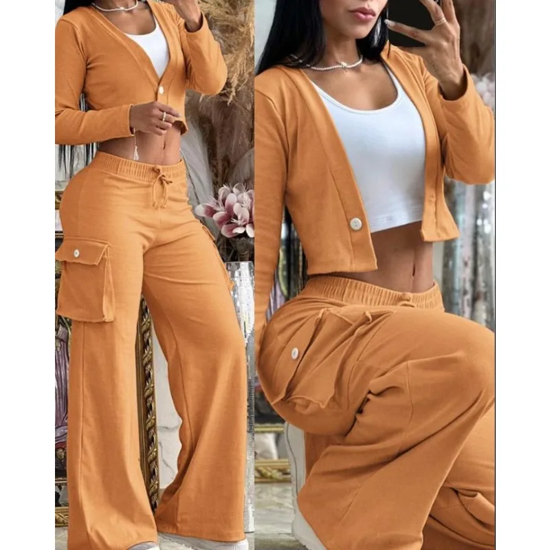 

New Solid Fashion Pocket Design Women's Long Sleeved Cardigan & Casual High Waist Pants Set Two Piece Suit Outfits for Women