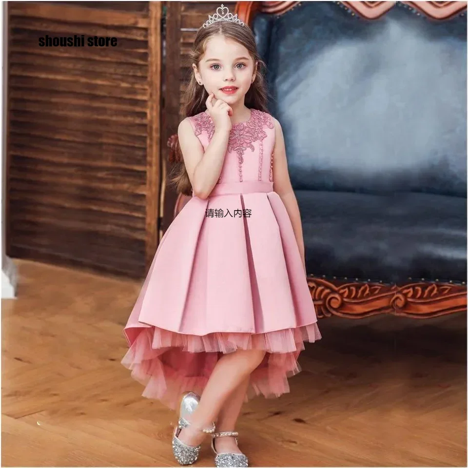 

Розовые платья с цветочным узором для девочек на свадьбу с аппликациями, высокая и низкая длина, детское бальное платье для девочек на день рождения, платье для первого причастия по индивидуальному заказу