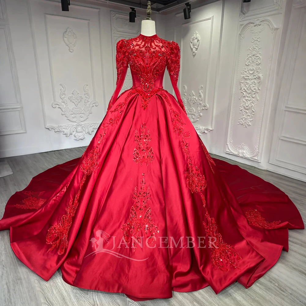 

Атласное свадебное платье на шнуровке сзади с длинными рукавами и высоким воротником, сверкающее свадебное платье принцессы с бисером платье свадебное