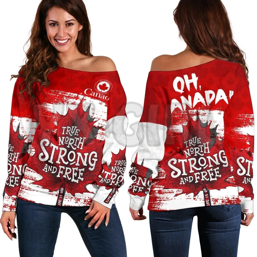 

YX GIRL Canada Day True North Strong and Free Off Shoulder Sweater 3D Printed Novelty Women Casual Long Sleeve Sweater Pullover