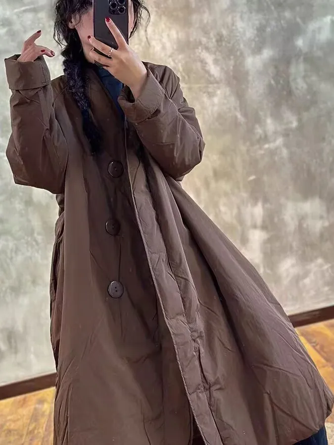 

Ele Chinese Sle Long down Cotton Jaet Women's Winter Coat Warmth Faionable V-Ne Thiened Long Sve Pure Color