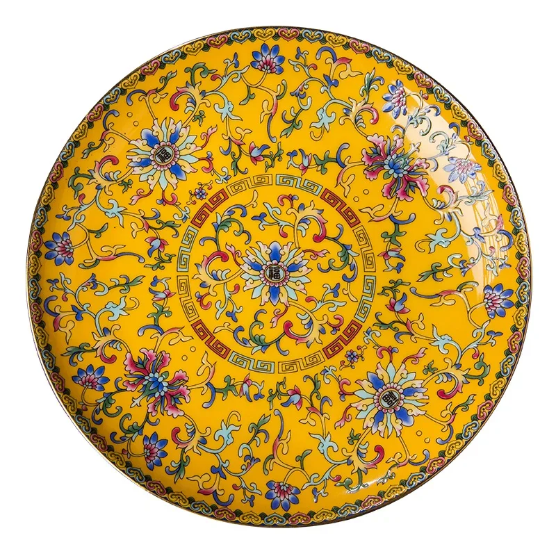 Chinese Ceramic Plates Golden Stroke Enamel Decorative Porcelain Dinner Plate Dinner Steak Pasta Dishes Restaurant Serving Tray