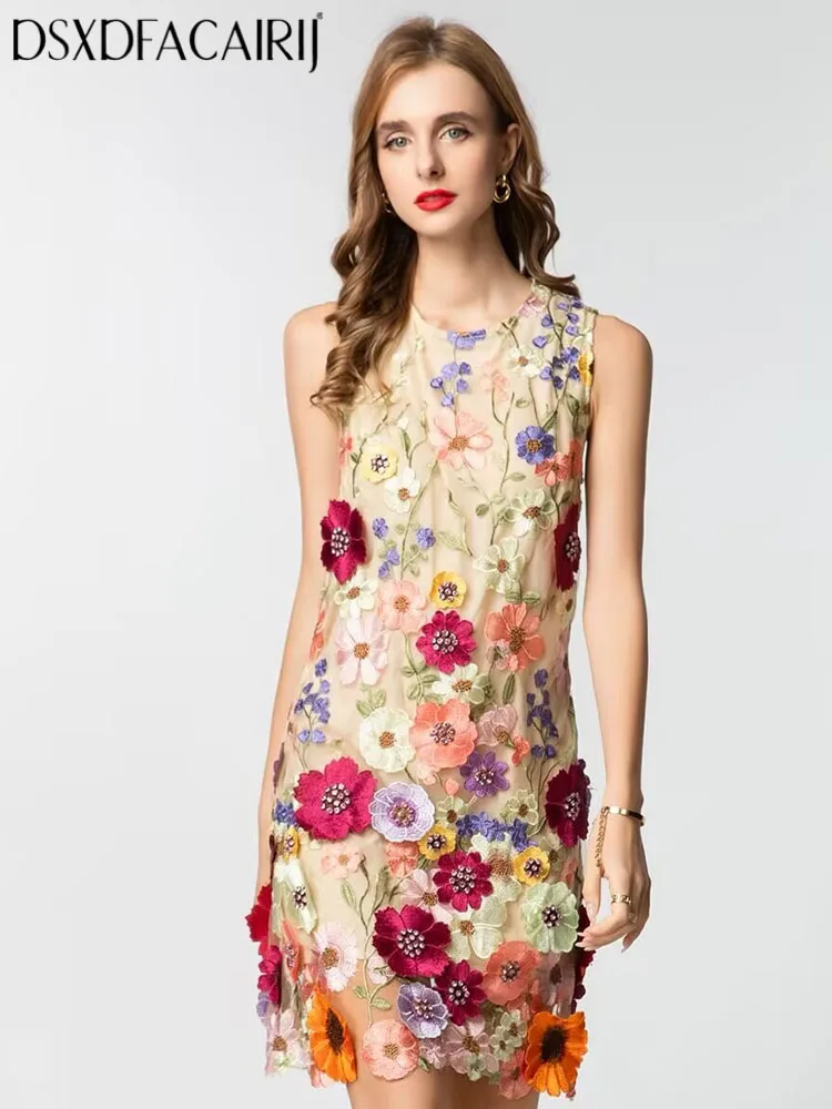 

DSXDFACAIRIJ Women's O-Neck Sleeveless Dress Elegant Diamond Embroidery Floral Mesh Mini Party Summer Fashion for Females