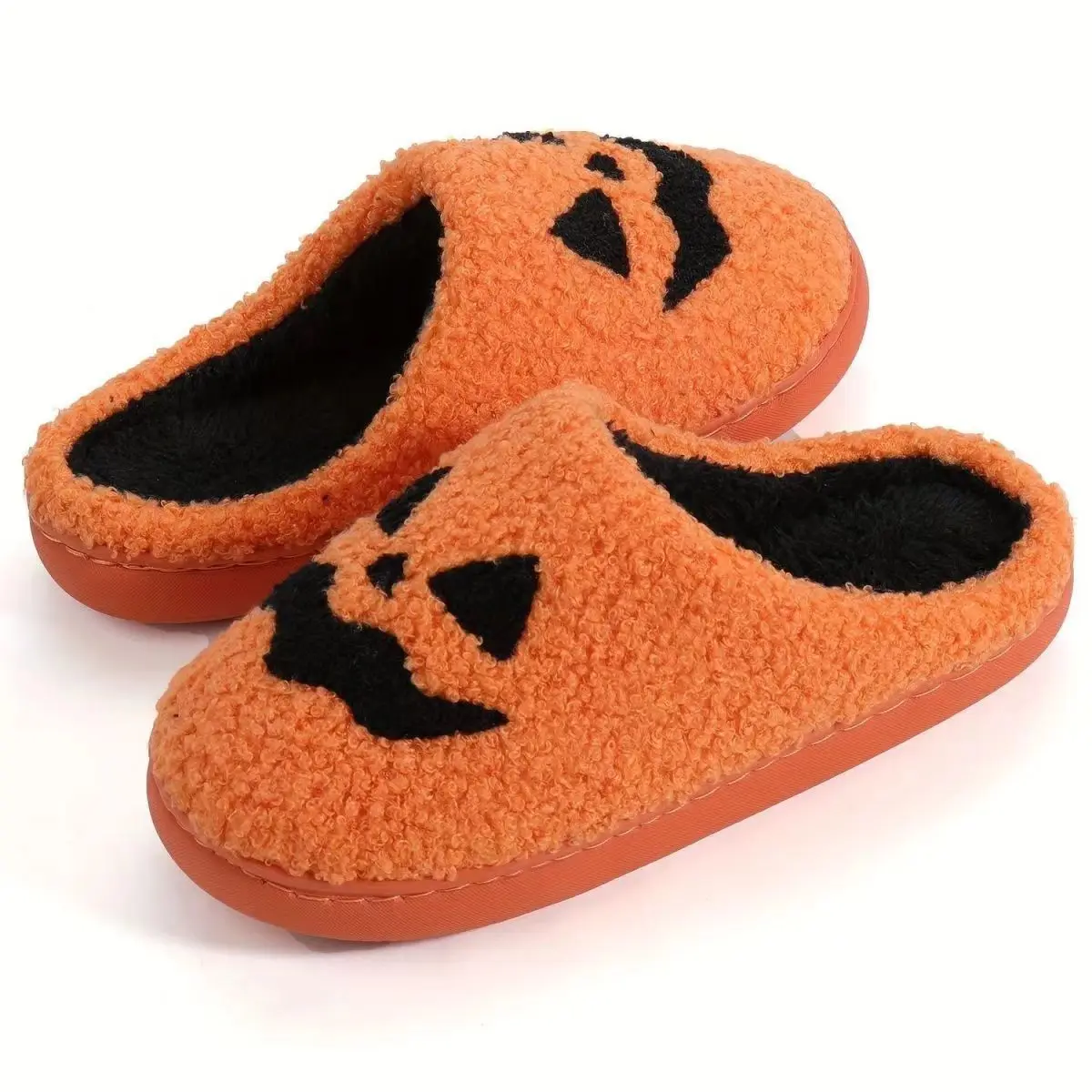 Devil Slide Halloween Pattern Embroidery Stuffed Home Plaid Furry Cotton Slippers Warm Non-slip Indoor Slipper Pumpkin  Mom Gift