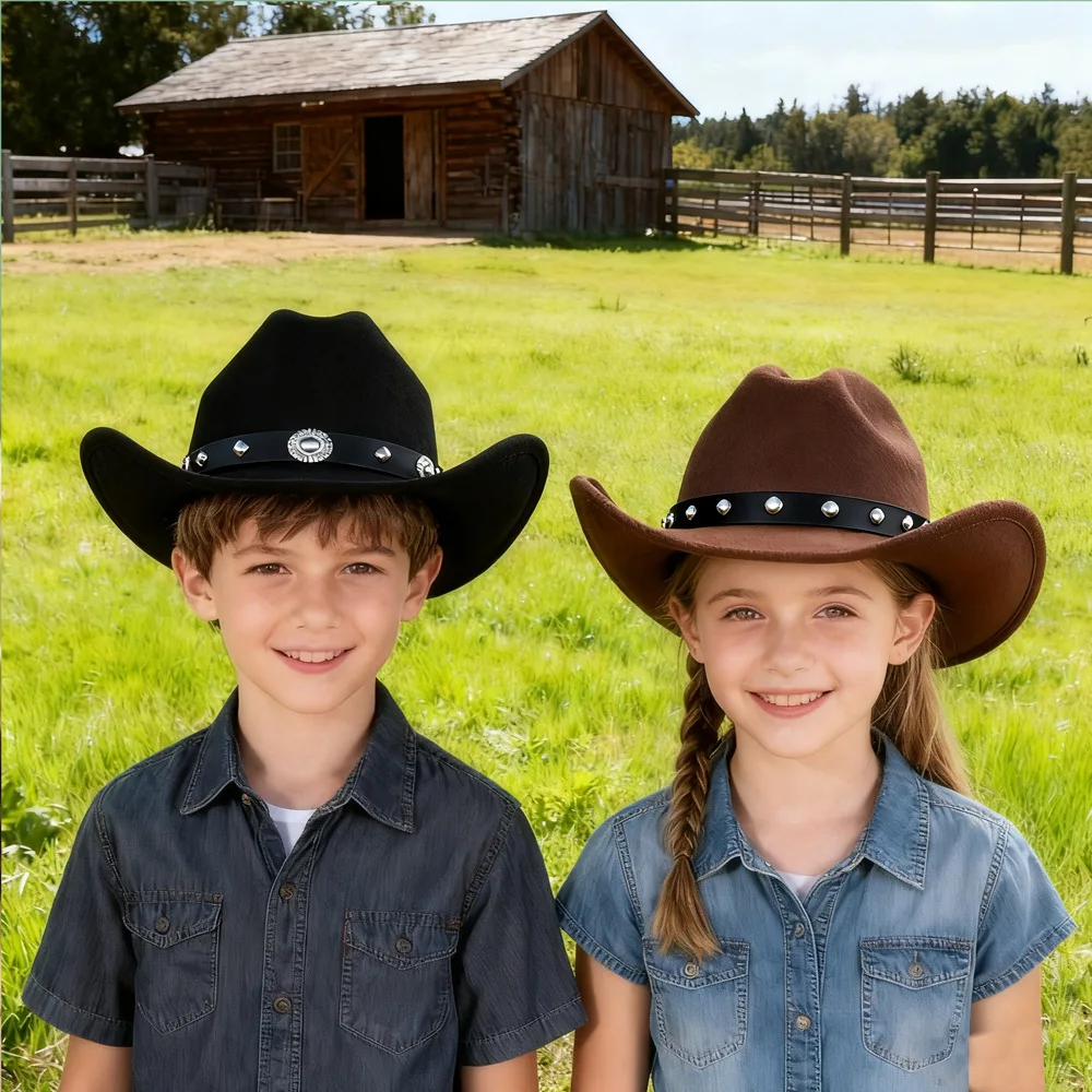 Western Cowboy Hat Kids Felt Fedora Cowgirl Cap Party Costume Rodeo Festival Outdoor Ranch Dress Up Role Play Accessory