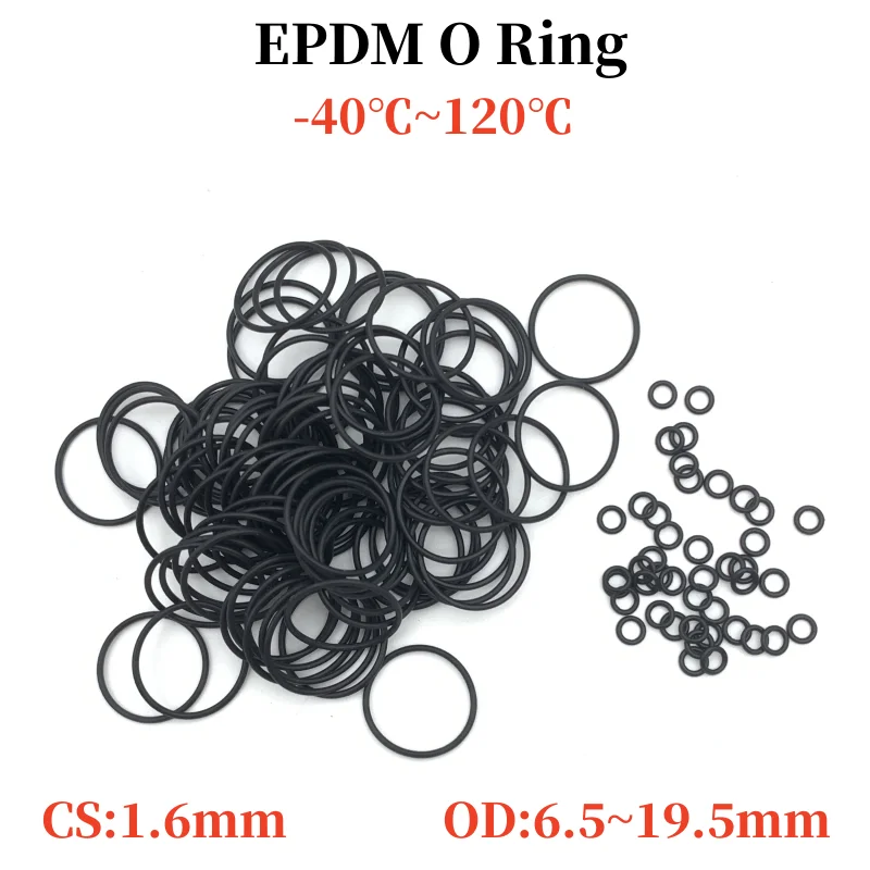 

Резиновое уплотнительное кольцо EPDM, толщина CS 1,6 мм OD 6,5 ~ 19,5 мм, кольца, прокладка, устойчивая к кислотам/щелочам/старению/изоляции 50 шт.