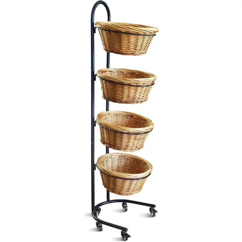 4 Tier Retail Display Stand with Wheels & Sign Clips, Brown Retail Display Rack Basket Stand,  Metal Market Display