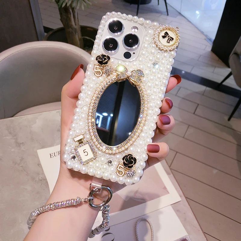 Luxe Bling Strass Spiegel Parel Case Capa Voor Iphone 15pro 14Plus 13 Pro 12 Mini 11pro Max Xsmax Xr 16 Plus Telefoonhoes