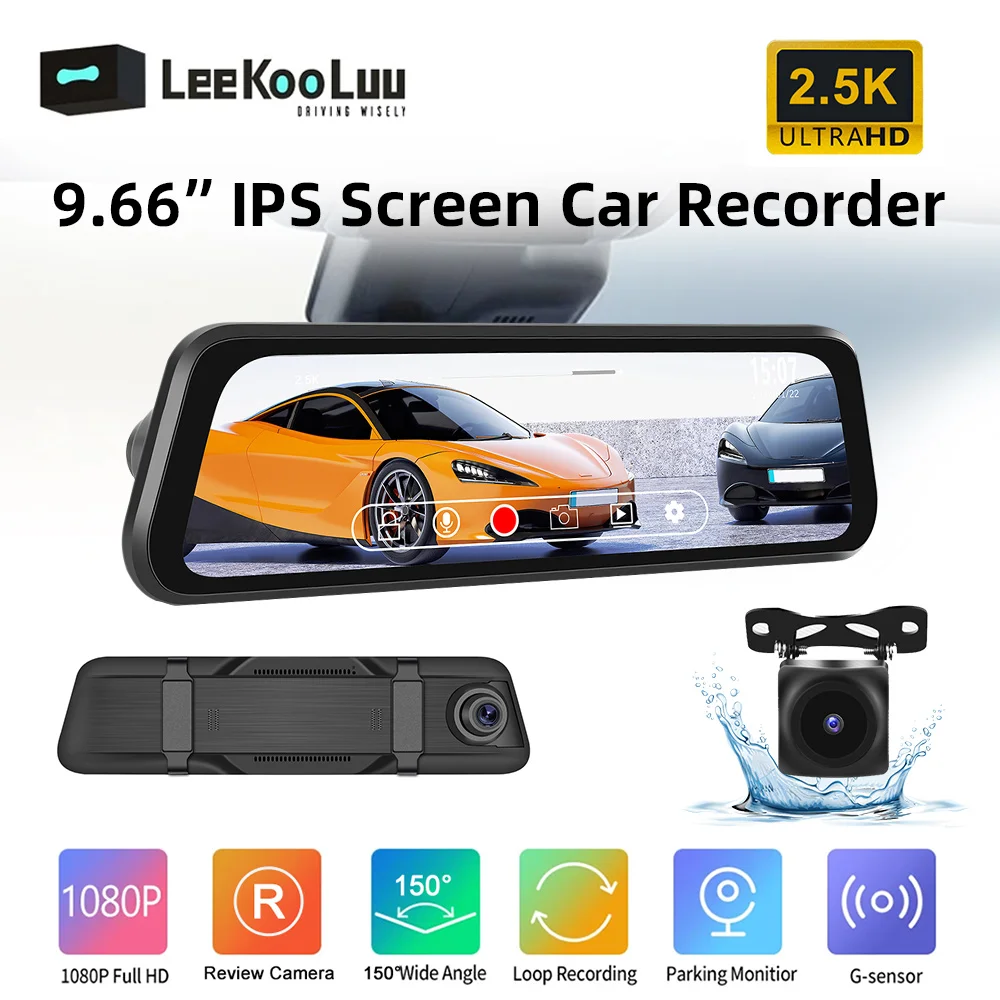 

LeeKooLuu 9.66" rearview mirror recorder Full Hd 2.5K rear mirror automobile dash cam dual lens video recorder Car DVR dash cam