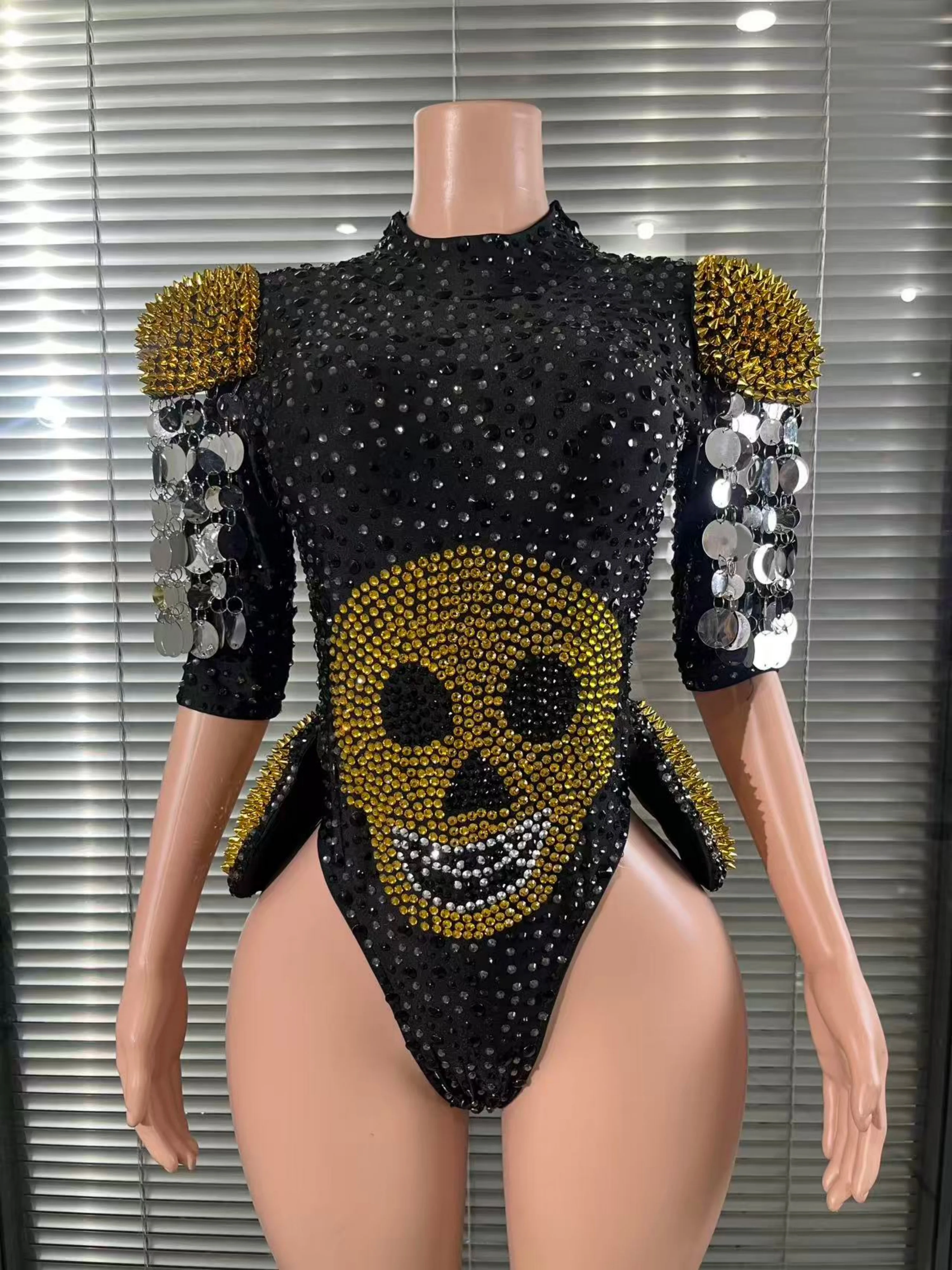 

Gothic Sparkly Rhinestones Glam Skull Embellished Bodysuit Spiked Shoulders Nightclubs Themed Party Rave Outfit Performance