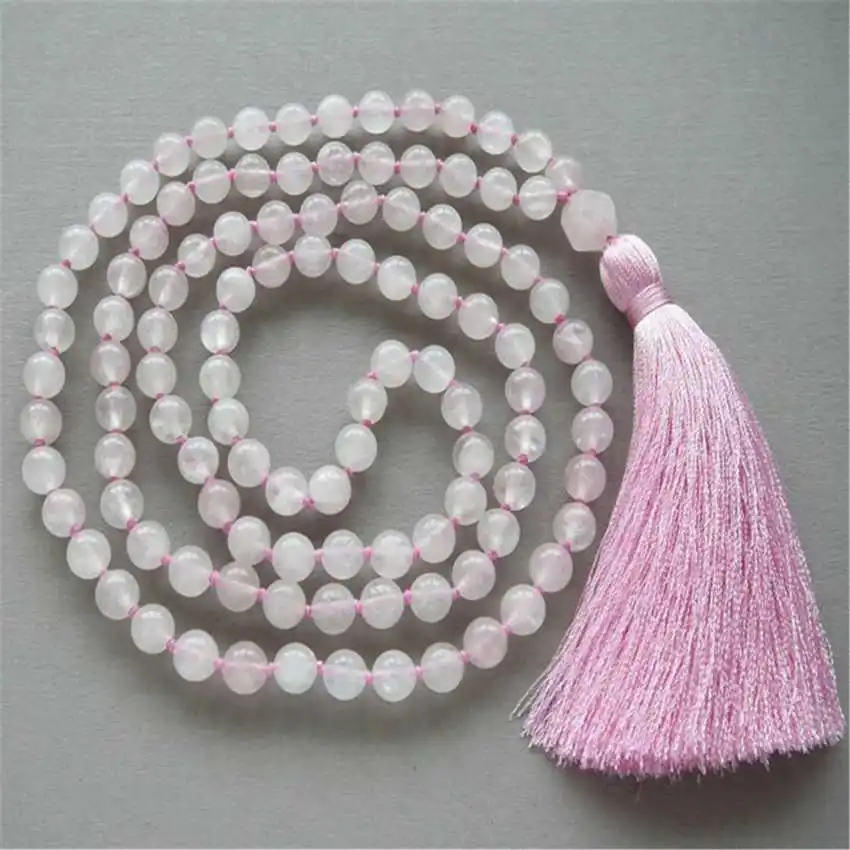 

Natural Rose Quartz 108 Beads Mala Necklace with Pink Tassel Spiritual Meditation Jewelry
