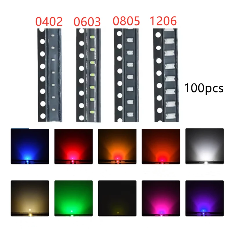 100 Stück SMD 0402 0603 0805 1206 Rot Blau Weiß Grün Orange Rosa Hochwertige klare Leuchtdiode mit LED-Chipoberflächenmontage