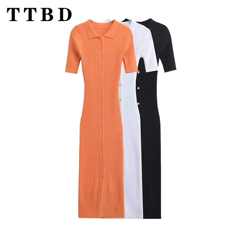 TTBD 2024 Autumn New Women's Knit Solid Bodycon Warp Dress Elegant Short Sleeve Turn-down Collar Long Flute Dress