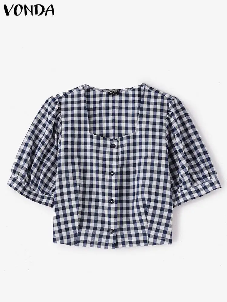 VONDA Fashion Plaid Blouse Women Shirts 2024 Casual Loose Short Sleeve Buttons Summer Tops Short Puff Sleeve Blusas Femininas