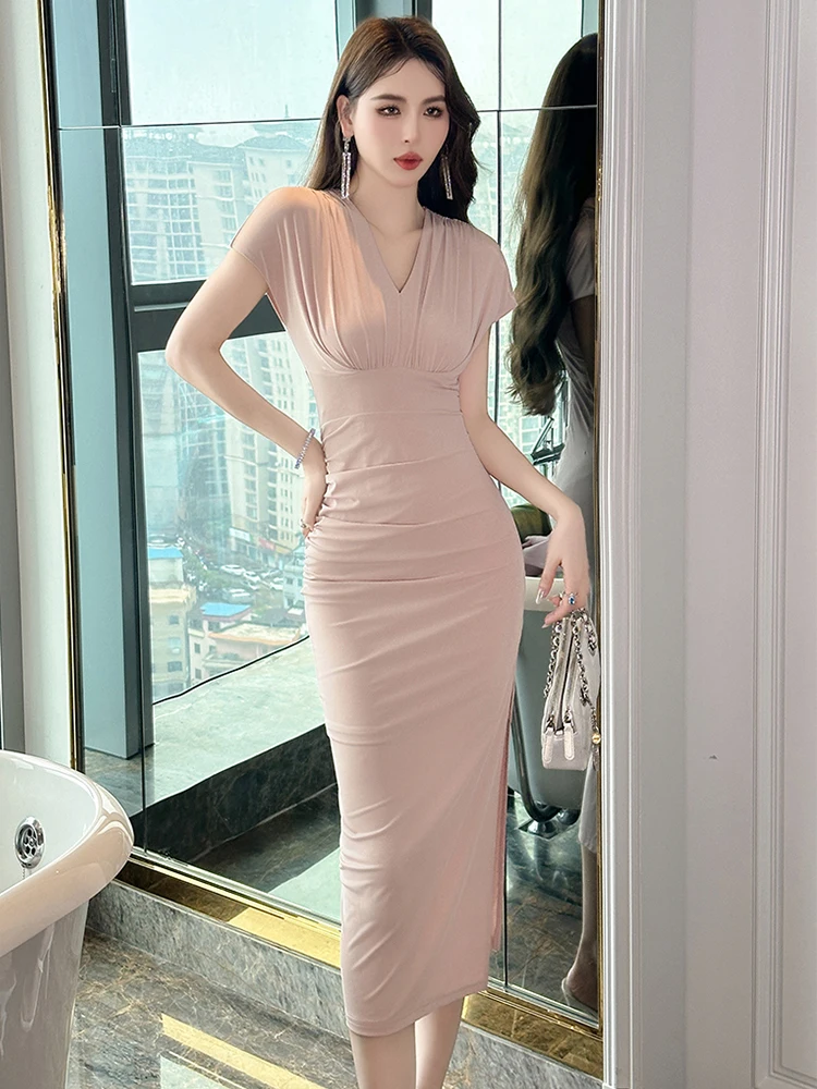 Vestido de tubo clásico con escote en V para mujer, ropa elástica informal, manga corta, pliegues delgados, Midi, elegante, Verano