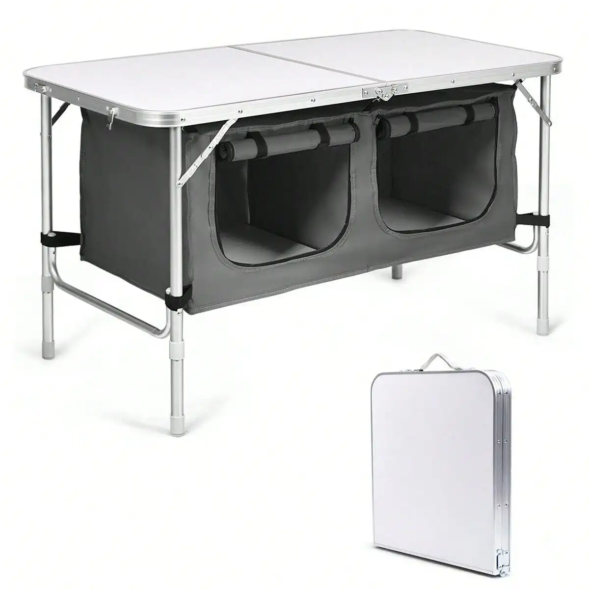 

Folding Camping Table Aluminum Height Adjustable w/ Storage Organizer Grey