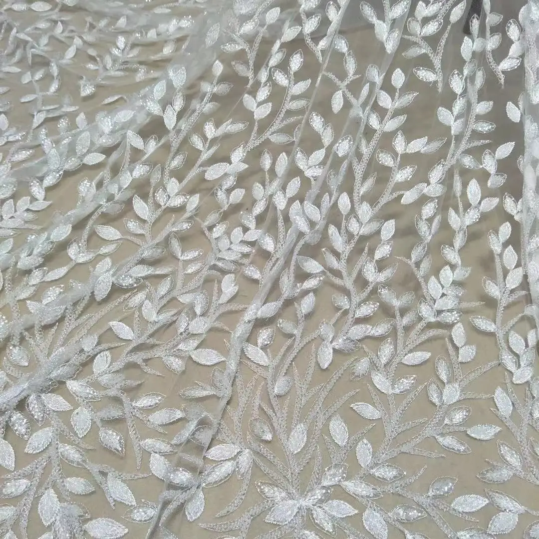 Ivory white leaf-shaped wedding dress fabric accessories Lace ribbon beads and sequins width 130cm