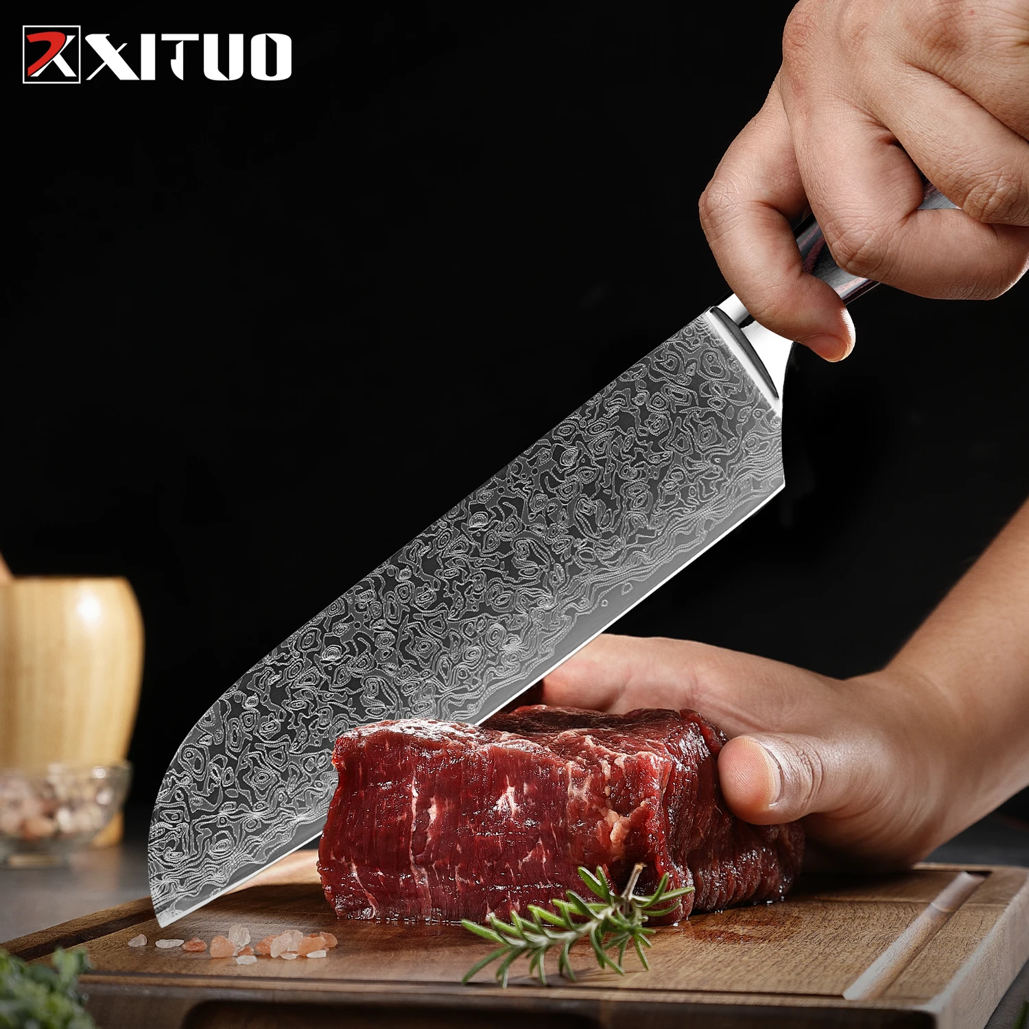 

Stainless Steel Santoku Knife 7 Inch Laser Damascus Pattern, Sharp Kitchen Knife for Vegetables and Meat, Colorful Wooden Handle