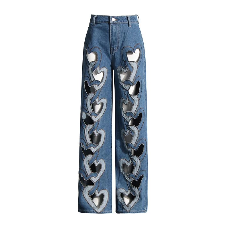 Spring Hollow Out Jeans For Women High Waist Patchwork Zipper Casual Wide Leg Pants Female Fashion Clothing New