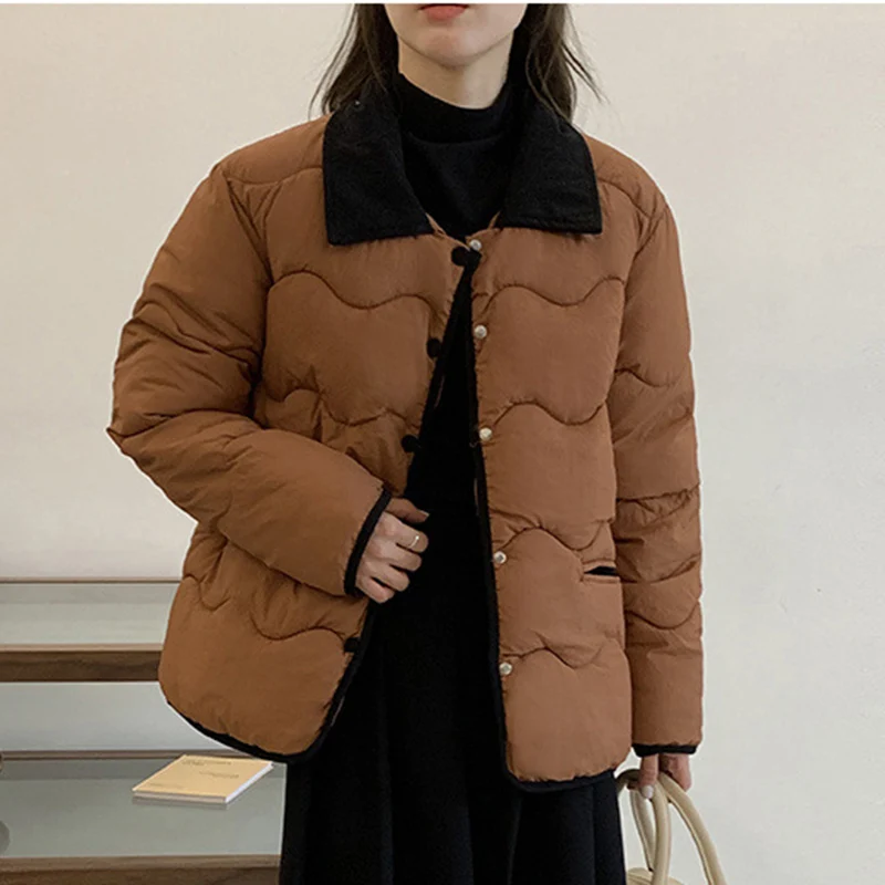 

Korean Fashion Mix Color Parkas Women Corduroy Turn Down Collar Parka Jacket Woman Winter Pockets Thicken Warm Parkas Ladies