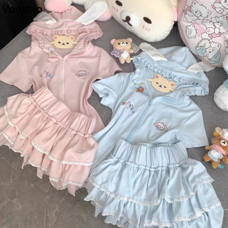 

Kawaii Lolita Стиль Юбка Комплект Женский Японский Милый Кроличьи Уши Капюшон Молния Топ Милый Мини Торт Юбка Костюм Женский Y2k Комплект Из 2 Частей