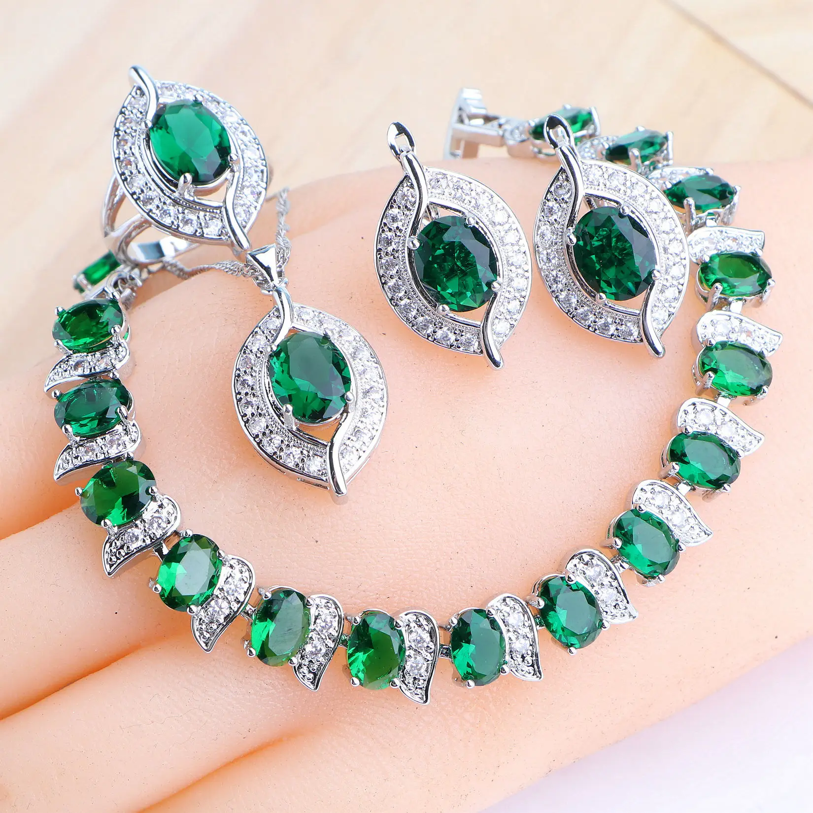 Women Wedding Jewelry Sets 925 Silver Earrings Stones Bracelets Ring Pendant Necklace Green Cubic Zricon Set Bridal Jewelry