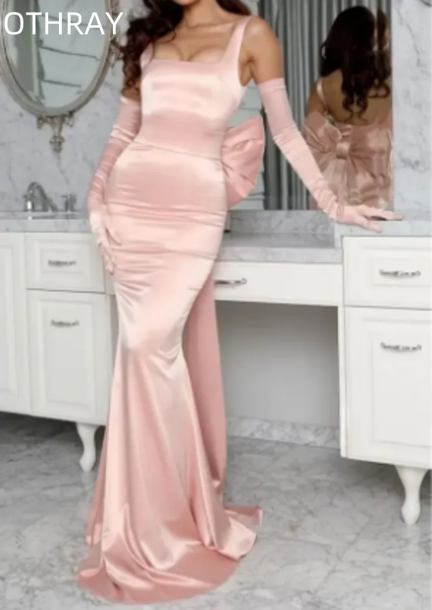 Reception Birthday Pageant Dress No Gloves 2024  Blush Pink Mermaid Evening Dresses Women Elegant Satin Back Bow Prom Gown Secon