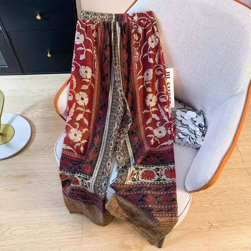 Sommer Herbst Baumwolle und Linie Breite Bein Hose Frauen Lose Hosen Mode Weibliche Viantage Gedruckt Floral Böhmischen Gerade Hosen