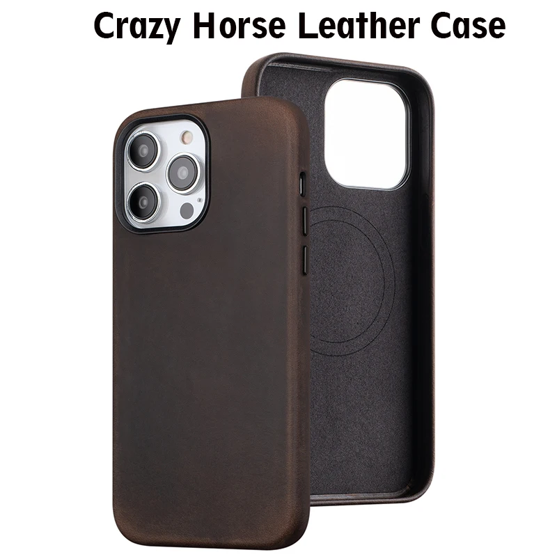 Genuine Leather Case for iPhone 14 Pro Max Crazy Horse Leather Business Case for iPhone 13 Pro Max Magnetic Charging Phone Cover