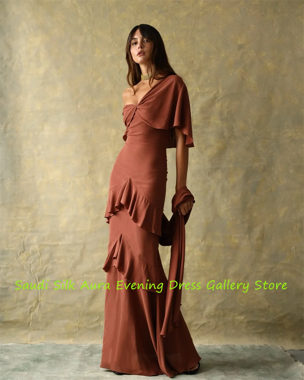 Aangepaste hoge kwaliteit Russet Jersey avondjurk zeemeermin een schouder feestjurk linten beroemdheidsjurken van hoge kwaliteit